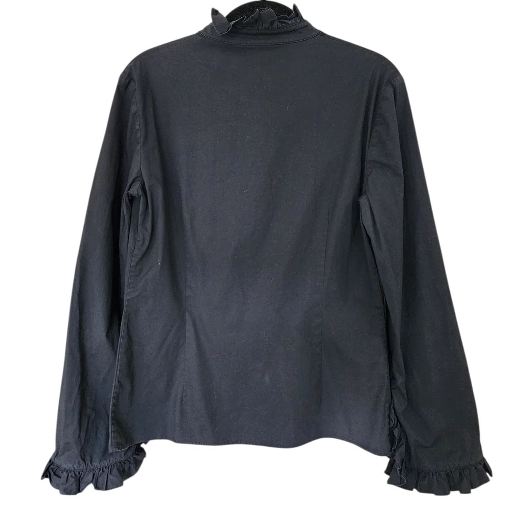 TORY BURCH black ruffle, button up blouse, size 6